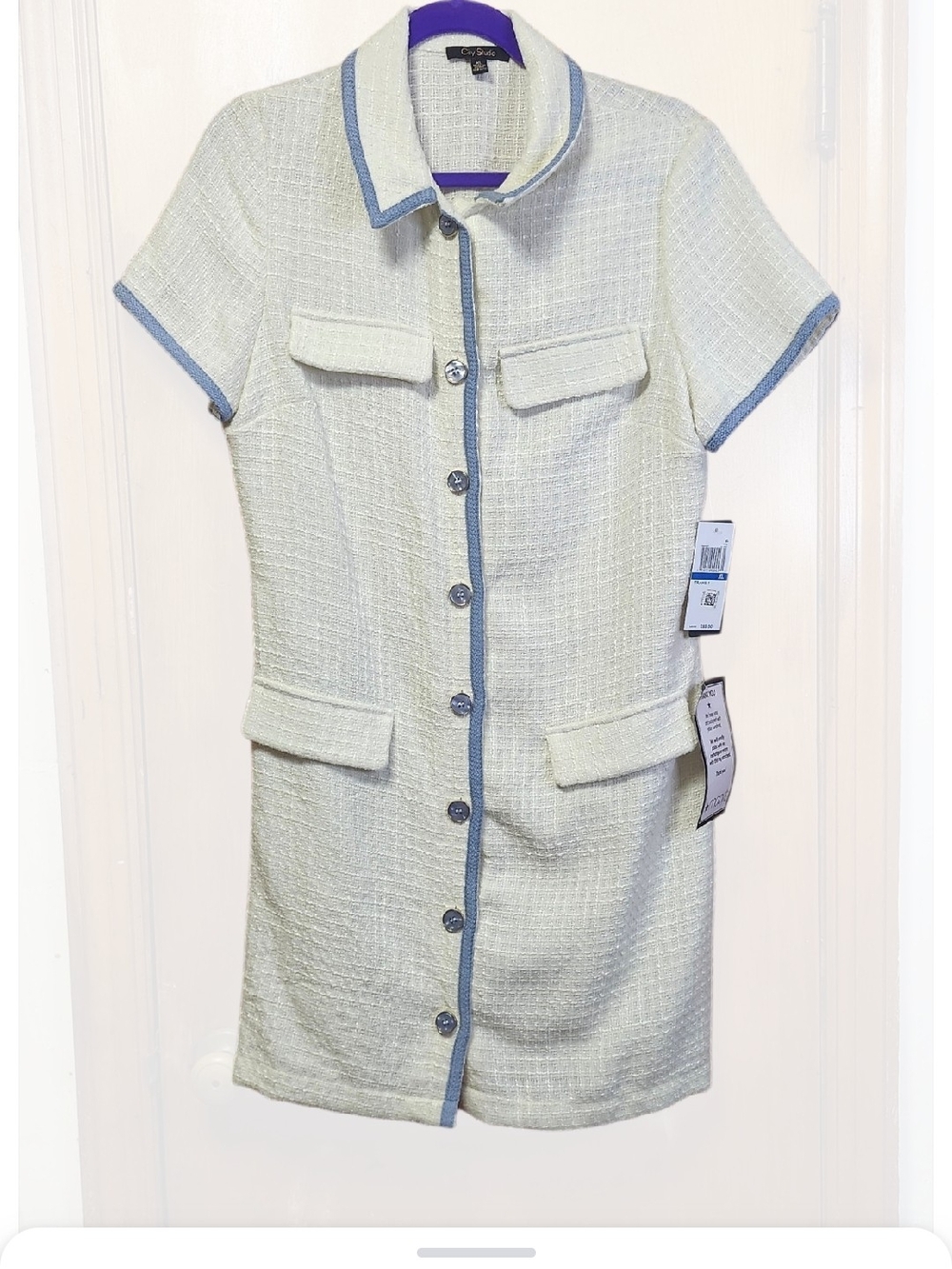 Classic Short-Sleeve Tweed Shift Dress in Ivory with Blue Trim